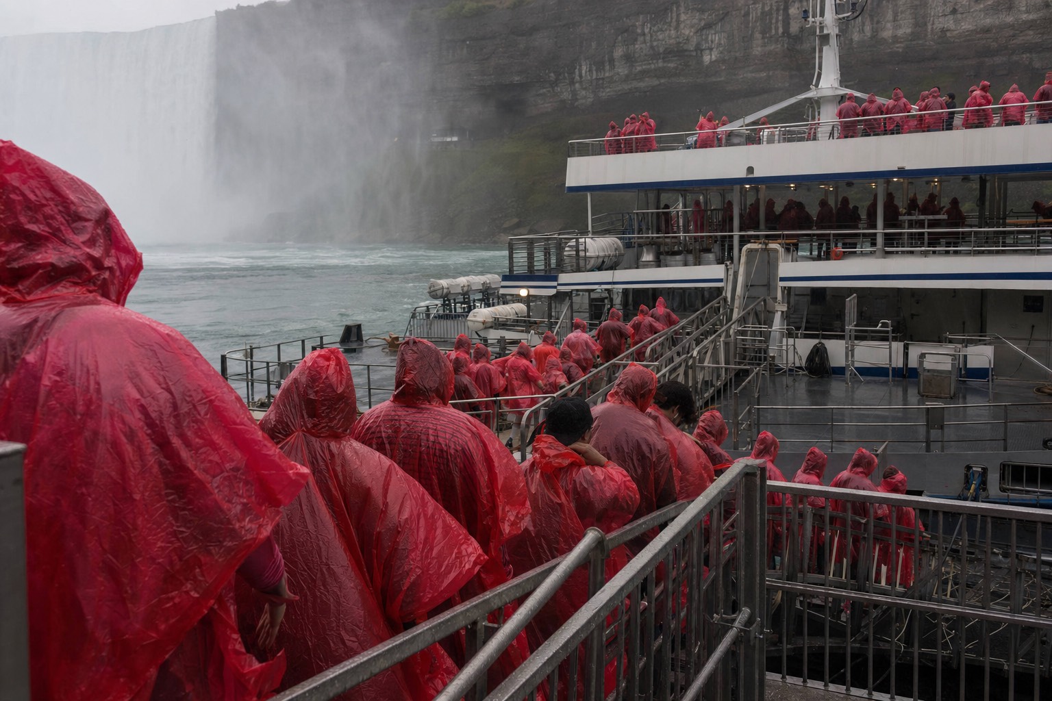 Passengers in red ponchos filing onto a double-deck catamaran at a timed boarding gate in the lower gorge