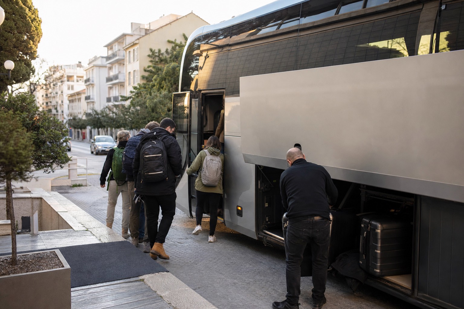 A small tour coach picking up visitors outside a hotel in the early morning, driver loading the door