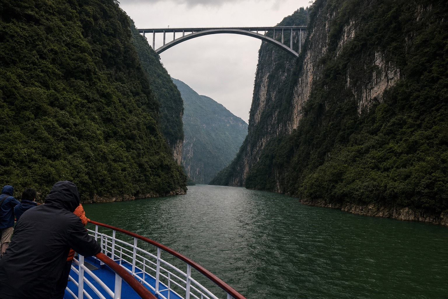 The view up the Niagara gorge from a boat deck early in the transit, gorge walls rising on both sides